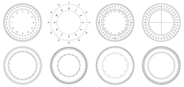 Círculos de medición redondos. 360 grados escala círculo con líneas, esfera circular y escalas metro vector conjunto — Vector de stock