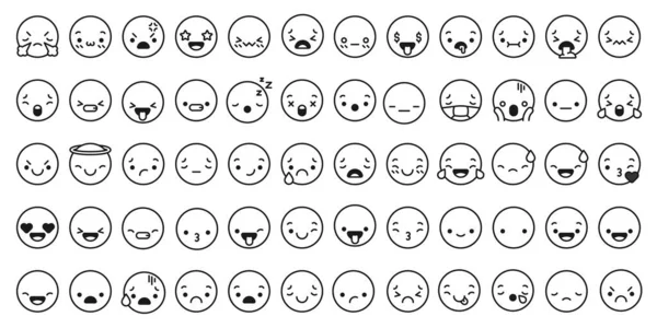 Ícones de expressões faciais. Linha kawaii rosto expressão personagem anime japonês. Emoção sorriso, beijo e choro, irritado vetor bate-papo conjunto linear — Vetor de Stock