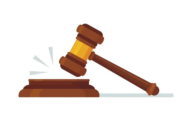 木槌裁判官。司法判断、法の支配のためのハンマー打撃と法律の概念漫画のベクトルイラストによって判断 — ストックベクタ