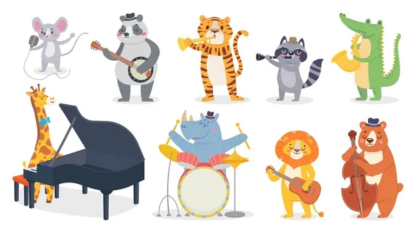 Animais de desenhos animados com instrumentos musicais. Girafa tocar piano, panda bonito com banjo e jacaré toca saxofone — Vetor de Stock