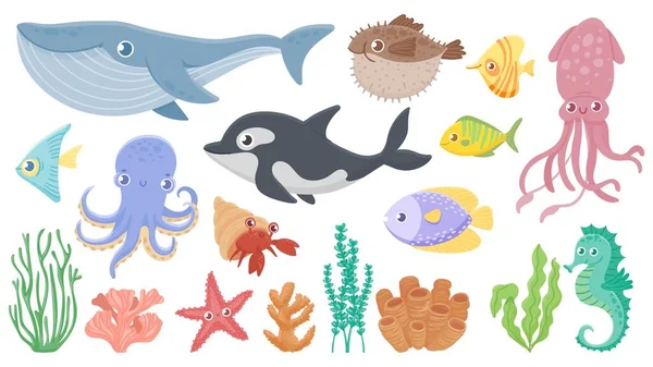 Animales del océano de dibujos animados. Ballena azul divertida, lindo erizo y orca. Pulpo, calamar y caballito de mar. Conjunto de ilustración de vector de vida marina submarina — Vector de stock