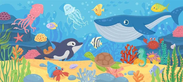 Onderwater leven. Dolfijn, exotische vissen en krab, inktvis. Bodemwier, zeeschildpadden en zeerifdieren. Cartoon vector zeegezicht — Stockvector