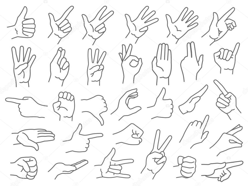 Line hands gestures. Like and dislike hand gesture icon, pointing finger and strong fist icons vector illustration set