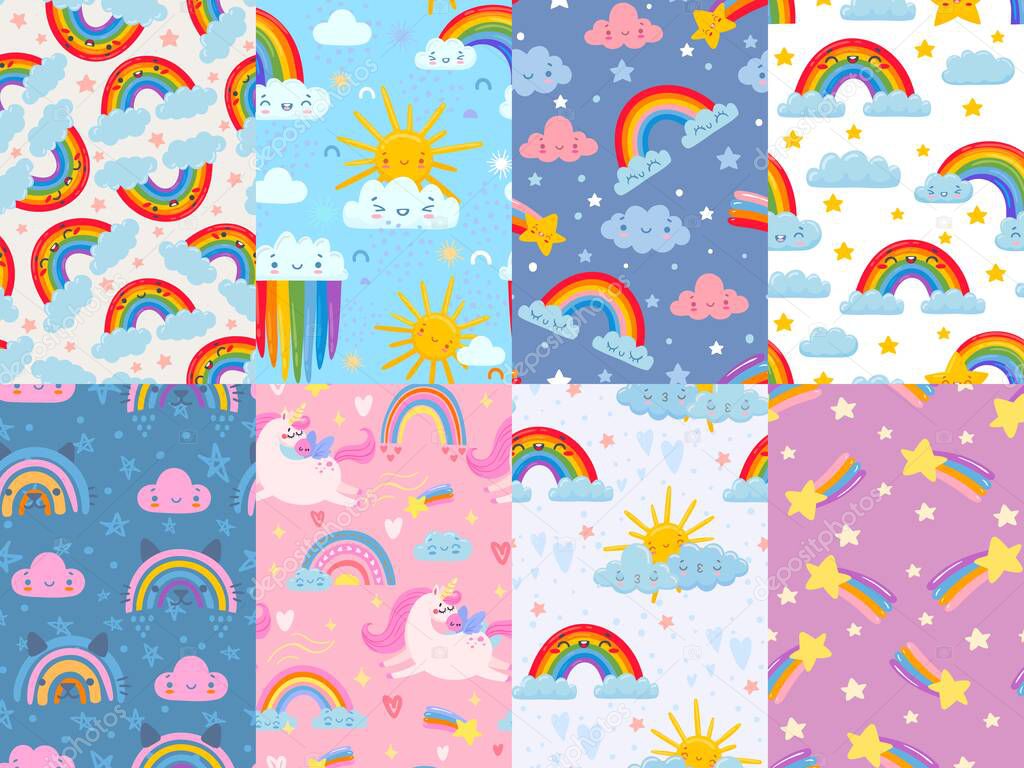 Seamless cute rainbow pattern. Sky with rainbows and clouds, magic unicorn and stars. Happy smiling cloud cartoon vector backgrounds illustration set