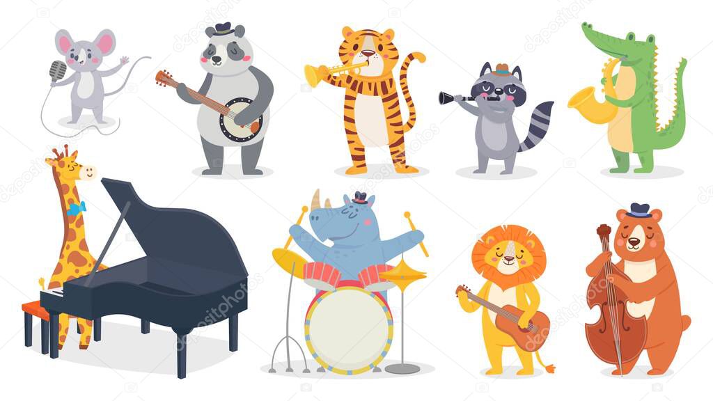 Cartoon animals with music instruments. Giraffe play piano, cute panda with banjo and alligator plays saxophone