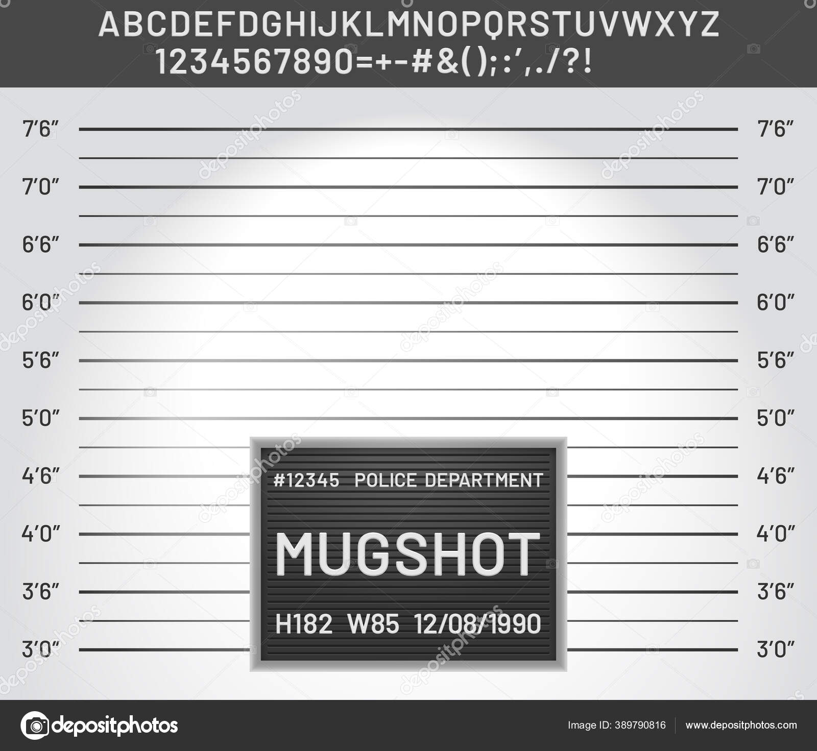 Mugshot template. Police lineup mugshot board with plastic alphabet and Mugshot template. Police lineup mugshot board with plastic alphabet and