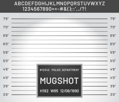 Mugshot şablonu. Polis teşhisi plastik alfabeli sabıka tablosu ve suçlular için resim çizimi