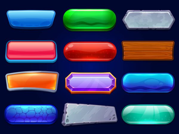 Game buttons. Gaming options panel, menu interface frames and game UI button cartoon vector illustration set