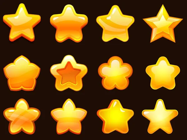 Herní UI hvězda. Kreslené lesklé hvězdné tvary, zářící hvězda pro hry. Cartoon herní prvky vektorové ilustrační sada — Stockový vektor