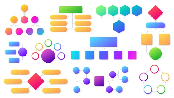 Infographie d'organigramme. Structure hiérarchique de l'organisation du flux de travail, diagrammes graphiques d'infographie. Chronologie, ensemble de vecteurs de processus métier — Image vectorielle