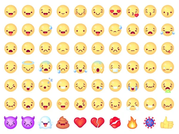 Emoticon emoji. Visage jaune souriant, rire, colère et tristesse, expressions de joie et de cri. Cœur et baiser, icônes vectorielles diable et coronavirus — Image vectorielle