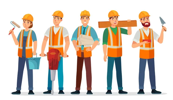 Equipe de construtores profissionais. Empreiteiro em capacete, engenheiro construtor e trabalhadores pessoas desenho animado ilustração vetor — Vetor de Stock