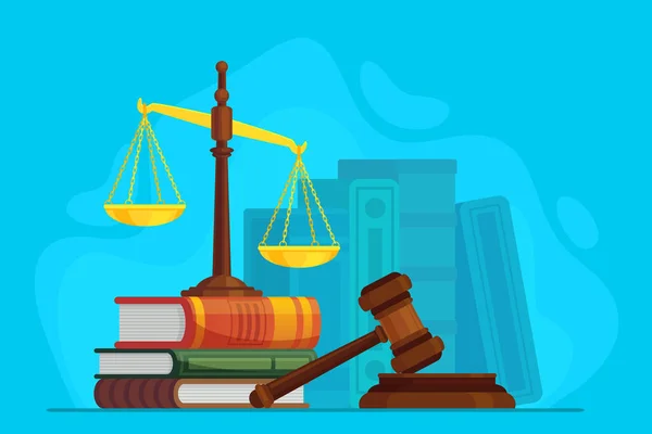 Droit et justice. Échelle justice et juge en bois marteau, symbole de vente aux enchères, droit juridique et judiciaire, jugement judiciaire, législation concept vectoriel — Image vectorielle