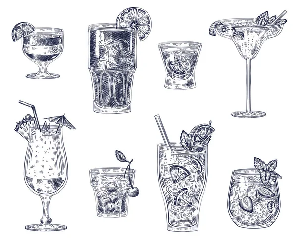 Cocktails skizzieren. Alkoholische Getränke, Cocktails. Pina Colada, American und Wodka, Kirschcocktail und Margarita, Sangria für Menüvektorset — Stockvektor