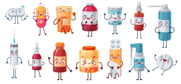Cartoon Medizin Maskottchen. Niedliche glückliche Pillen töten Bakterien und Viren. Kapseln, Tabletten im Blister, Tabletten und Schmerzmittel — Stockvektor