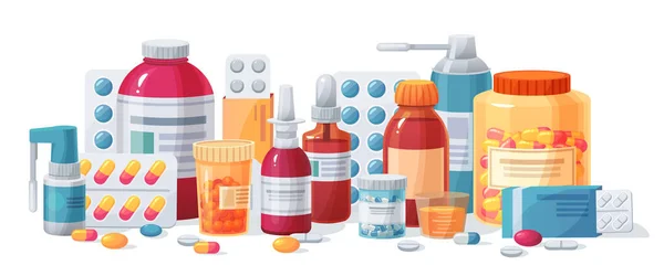 Cartoon medicijnen. Drugs, tablet capsules en voorgeschreven flessen. Blisters en pijnstillers drug vector farmacie medicatie concept — Stockvector