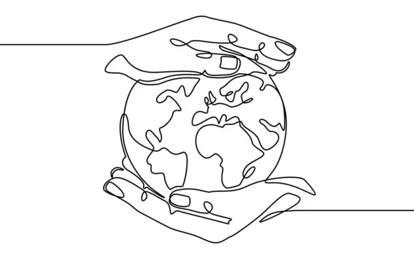 Tierra en mano. Manos humanas sosteniendo el planeta Tierra. Tecnología digital global, concepto continuo de vector de boceto de una línea — Archivo Imágenes Vectoriales