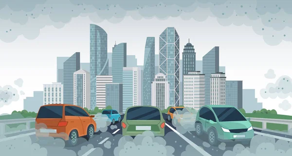 Bilar luftföroreningar. Förorenad luftmiljö i staden, fordonstrafik och giftiga föroreningar. Bil med koldioxidmoln, vektorkoncept — Stock vektor