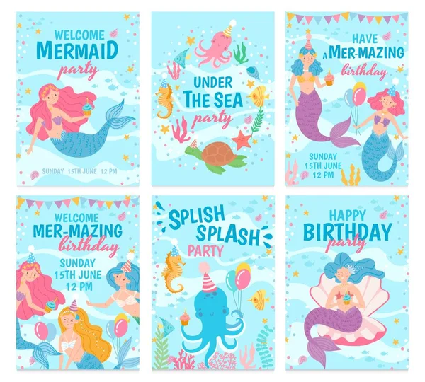 Tarjetas de sirena. Míticas princesas lindas y criaturas marinas mundo submarino postal para cumpleaños, invitaciones, tarjetas de felicitación vector conjunto — Archivo Imágenes Vectoriales