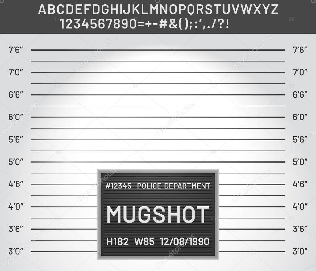 Mugshot template. Police lineup mugshot board with plastic alphabet and signs for criminals photo vector illustration