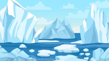 Cartoon arctic landscape. Icebergs, blue pure water glacier and icy cliff snow mountains. Greenland polar nature panoramic vector background clipart