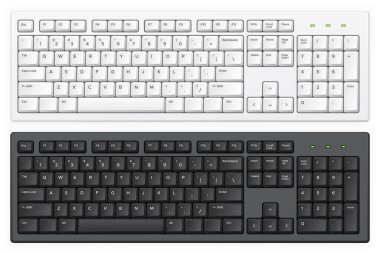 Klavye. İngilizce qwerty alfabesine sahip PC beyaz ve siyah tuşlar aygıt ve masaüstü panosu için izole edilmiş gerçekçi vektör şablonu