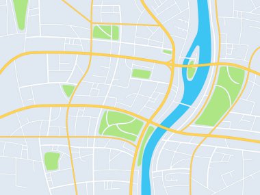 Şehir haritası. GPS navigasyon planı, parkı ve nehri olan şehir sokakları, soyut yol topoğrafik haritası, planlama yolculuğu, vektör resmi