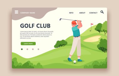 Golf kulübü web sitesi. Yeşil oyun alanı olan spor kulübü, bayrak direkli delikler, kum tuzakları, golf arabası, golf okulu iniş vektör sayfası