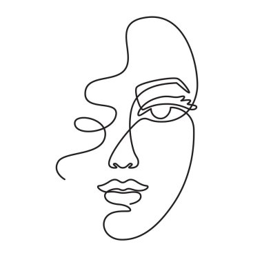 Tek sıra halinde. Minimalist sürekli çizim yapan kadın yüzü. Kadın portresi, siyah beyaz sanat eseri, vektör el çizimi.