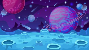 Fantasy planet surface. Extraterrestrial landscape with craters, comets and rocks, futuristic animation galaxy world for game vector concept clipart