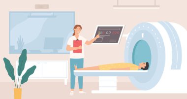 Manyetik rezonans görüntüleme. Hastanedeki hastanın tomografi sonuçları, x ışını tarayıcı konsepti üzerinde çalışan bir doktor tarafından taranması gerekiyor.
