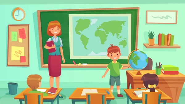Třída zeměpisu, učitel a žáci v místnosti. Školák ukazuje zemi na zeměkouli. Ženská lekce zeměpisu — Stockový vektor