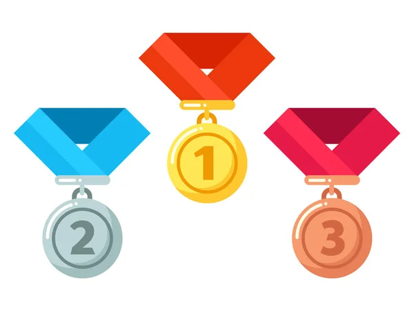 Goud, zilver, bronzen medailles met lint. Beloning voor winnaar of kampioen in de competitie. Toekenning krijgen — Stockvector