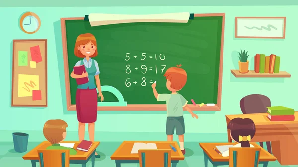 Lezione di matematica, insegnante donna e alunni seduti alla scrivania in camera. Bambini che imparano la matematica, che hanno lezione — Vettoriale Stock