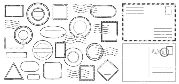 郵便切手、円、正方形、白で区切られた菱形の様々な形の黒い切手 — ストックベクタ