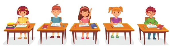 Primary school pupils sit at desk. Elementary education, children writing in copybook, raising hand to answer — Stock Vector