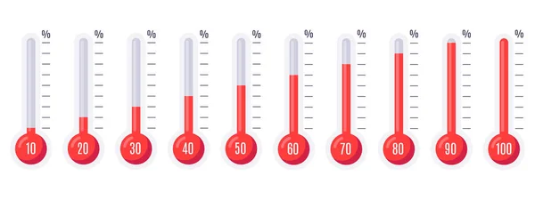 Thermometers met verschillende temperaturen. Weerschaal pictogram ingesteld met verschillende niveau percentage indicator. — Stockvector