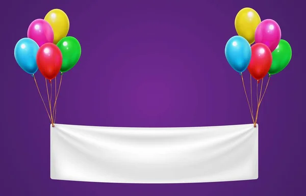 Banner hängen an bunten Luftballons zum Geburtstag. Einladung zur Feier oder Grußkarte — Stockvektor