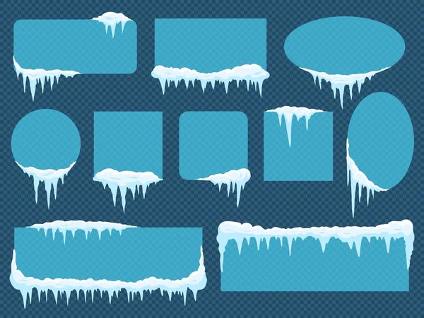 Molduras com neve e gelo. Fronteiras congeladas com flocos de neve de forma diferente como círculo, quadrado e elipse . — Vetor de Stock