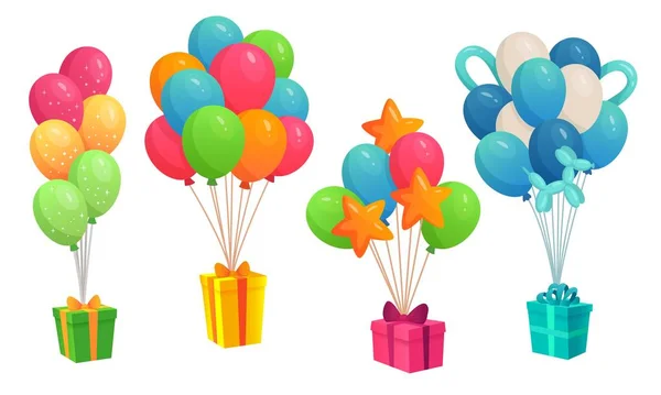 Regalos colgando de globos de colores racimo. Cajas de diferente color y forma con lazo de cinta para cumpleaños — Vector de stock