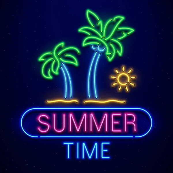 Insegna al neon l'ora legale. Palme sulla spiaggia di sabbia, sole isolato su sfondo blu scuro. Logo estivo, banner — Vettoriale Stock