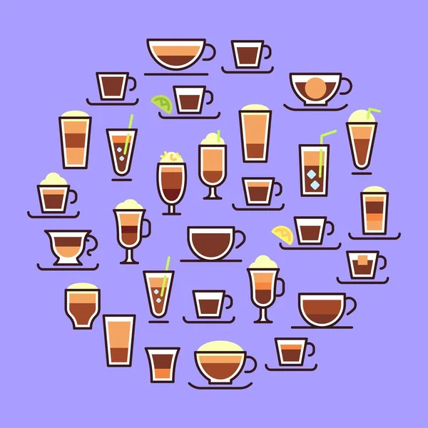 Types of coffee. Hot drinks in glass cups with milk. Espresso, latte with cream. Recipe, proportions — Stock Vector