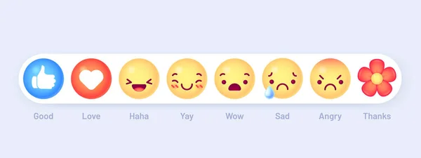 Emoticon reacciones emoji. Botones de humor de mensajes de chat social. Pulgar hacia arriba, amar el corazón y jaja, yay. Wow, triste y enojado, gracias iconos vectoriales — Archivo Imágenes Vectoriales