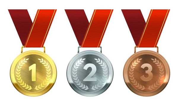 Arany, ezüst és bronz érmek. Első, második és harmadik helyezés, valósághű kerek érmek piros szalagokon, bajnoki jutalom vektor szett — Stock Vector