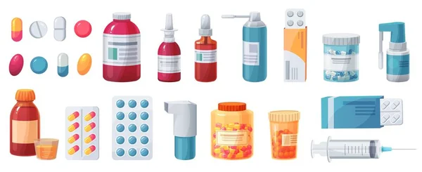 Cartoon medicijnen. Medicijnen, tabletten, capsules en voorgeschreven flessen. Blisterverpakkingen, spuit en pijnstiller medicijn vector apotheek set — Stockvector