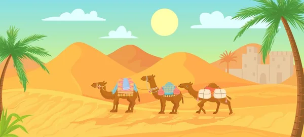 Ökenkamel. Husvagn i egyptiska sahara landskap. Tecknad arabiska panorama vektor bakgrund med sanddyner och kameler — Stock vektor