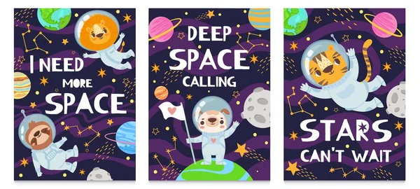 Animale nello spazio. Disegnati a mano simpatici animali divertenti in tuta spaziale, poster futuristico con scritte, sfondi vettoriali dei cartoni animati per bambini — Vettoriale Stock