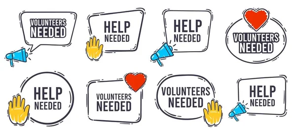 Volunteers needed banner. Help needed label with heart, helping hand and advertising horn loudspeaker icon. Volunteer search speech bubble banner frame vector set — Stock Vector