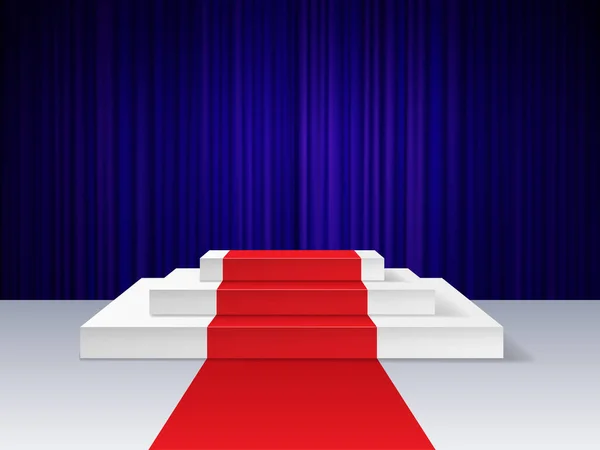 Roter Teppich zum Podium. Realistischer leerer Sockel für Preisverleihung mit Beleuchtung, Plattform für Show, Kinopräsentationskonzept — Stockvektor