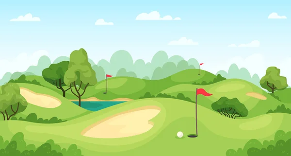 Campo de golf. Paisaje verde con banderas y suelo de arena, carrito de golf en el césped, campo para el torneo juego de fondo vector de golf — Archivo Imágenes Vectoriales